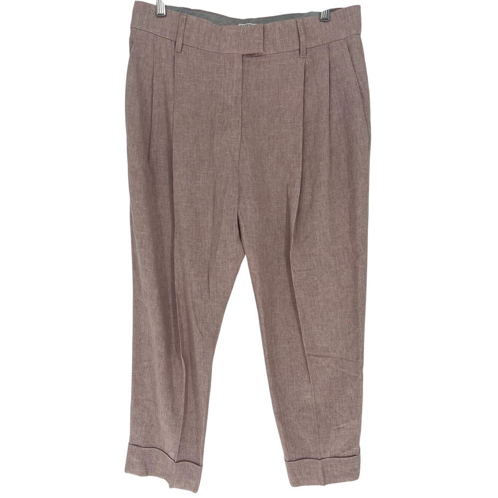 Brunello Cucinelli Relaxed Linen Pleated Cuffed Pants with Monili Chain Size 12 - Picture 4 of 10